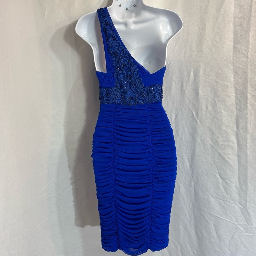Sue Wong Blue One Shoulder Beaded Cocktail Dress Size 2 Ruched Bodycon - Picture 9 of 12